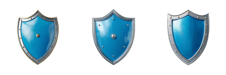 Fototapeta premium Set of Modern 3D blue shield emblem, symbol of protection on transparent png background. Ai generated