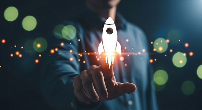 Person touching white rocket with glowing flames and bokeh lights launch startup business technology