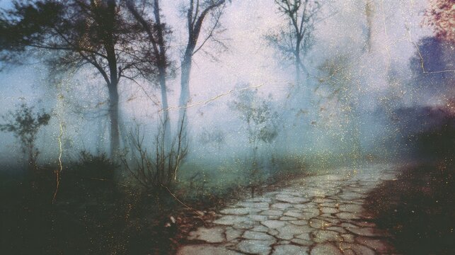 Monochromatic autumn nature scene with visible crackles and noise. The mood highlights retro filmmaking influence and moody tone.