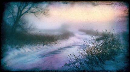 Snow-covered nature appears gloomy in a grainy-style photo. Analogue texture and dreamy mood.
