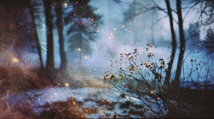 A winter forest scene is captured in a fairytale VHS-inspired film style. Mystery and nostalgic atmosphere.