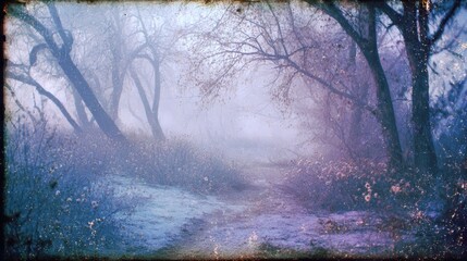 A winter forest scene is captured in a fairytale VHS-inspired film style. Mystery and nostalgic atmosphere.