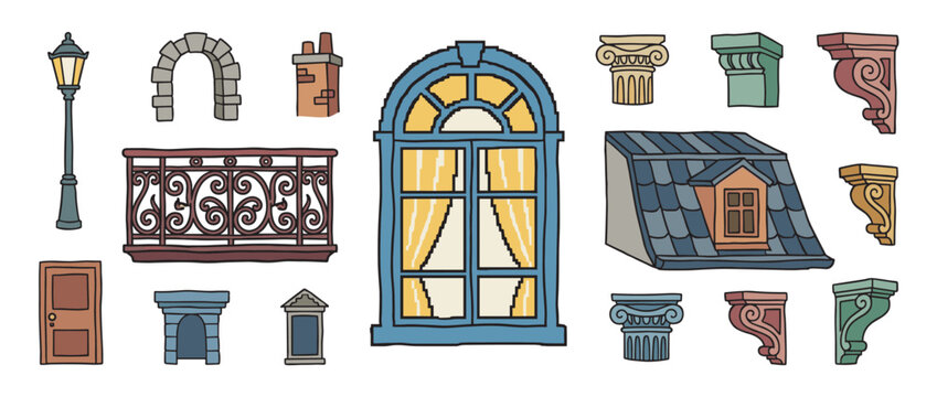 Set of hand-drawn architectural elements including a window, balcony, roof, and lamp in a charming cartoon style, showcasing classic European building details for design projects