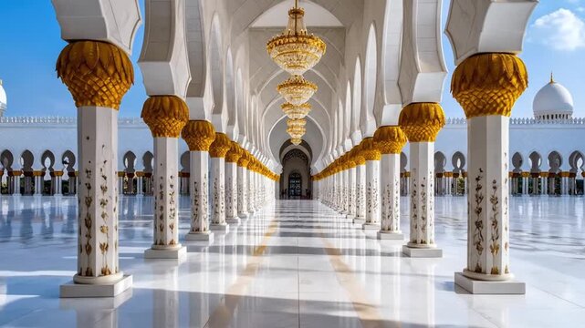 Stunning Architectural Corridor with Golden Pillars and Chandeliers