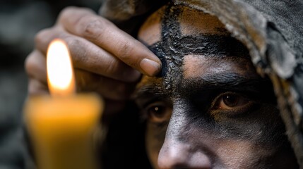 religious ceremony narrative, an eerie ash wednesday ritual unfolds in a dimly lit stone chapel as a hooded figure paints an ash cross on a devotees forehead