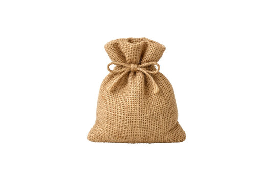 A small brown burlap sack is tied with a string and isolated on a white background in a studio setting high-key lighting with cutout object