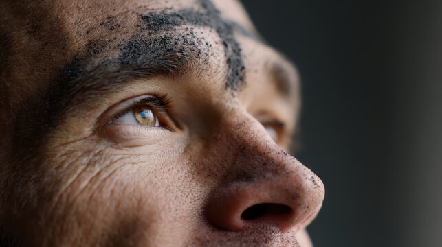 religious symbolism, a magazine close-up features a persons forehead with a dark ash cross, soft church light, and a contemplative expression