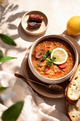 A hearty bowl of lentil and tomato soup with fresh herbs. The image reflects nourishing meals and cozy dining mood.