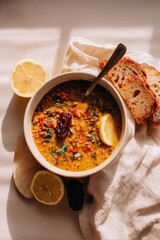 Close-up of steaming harira soup garnished with herbs. Warmth and rich homemade flavor.
