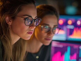 two businesswomen one wearing glasses studying colorful screens showing statistics and graphs likely in a modern office setting focused on data analysis
