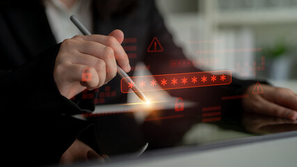 Password security breach warning with red asterisk box, cybersecurity alert, lock icons, and critical vulnerability signals in digital system access Latch