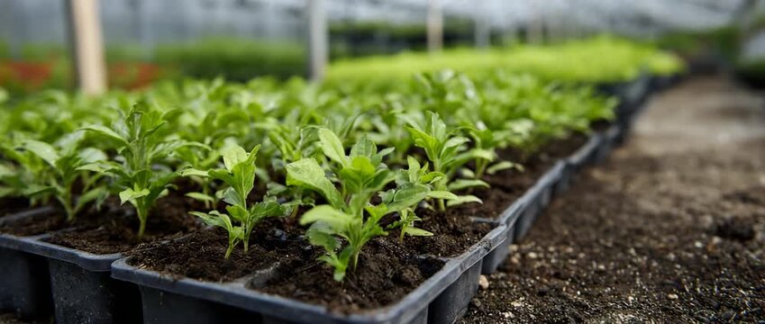 Row of young green plants thrive in a nurturing greenhouse environment.