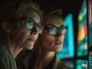 two businesswomen one wearing glasses studying colorful screens showing statistics and graphs likely in a modern office setting focused on data analysis