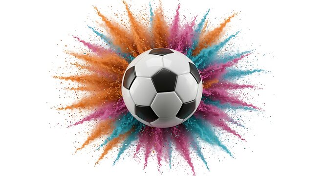 Soccer ball with colorful powder explosion around it on white background