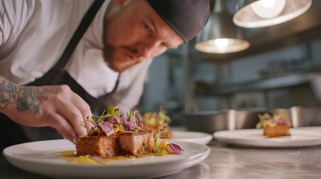 Male chef plating gourmet dish in restaurant kitchen.