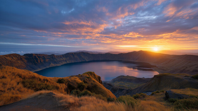 A breathtaking sunset over a volcanic crater lake showcases vibrant colors reflecting off the water, attracting photographers and nature lovers wanting to capture the majestic beauty of natural - Powered by Adobe