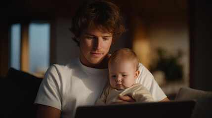 Laptop work scene with a parent holding a baby close, divided attention highlighting modern parenthood, flexibility, and digital work life balance. cinematic color correction, natural uneven