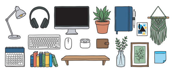 Hand-drawn illustration set of home office essentials featuring a computer, keyboard, headphones, notebook, and decor elements like plants and macrame for a cozy workspace concept