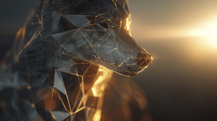 A digital representation of a wolf's head showcases a geometric design with triangular facets. Light reflects off the surfaces, enhancing the structure and creating a distinct silhouette against a