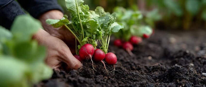 A gardener's hands gently pull out freshly harvested radishes from rich soil.