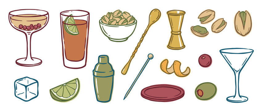 Collection of hand-drawn cocktail elements including glasses, a shaker, bar tools, and garnishes like olives and lime, illustrated in a charming retro doodle style for mixology concepts
