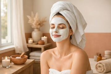 Woman with facial mask and towel sitting in a cozy spa setting representing lymphatic drainage wellness, detox and relaxation
