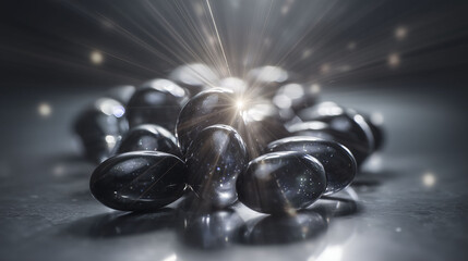 Black, glossy capsules are arranged closely together, reflecting light with a subtle shine. The background features a soft illumination that enhances the overall composition and highlights the objects