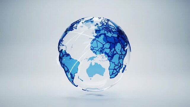A 3d rendered transparent luminous blue and white glass globe with glowing data points and network lines gracefully rotates on its axis against an immaculate pure white studio background, symbolizing