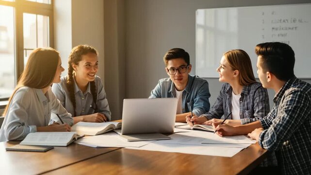 Group of young students studying together with a laptop in a bright library. Diverse team collaborating on an academic project around a table. Education and teamwork concept