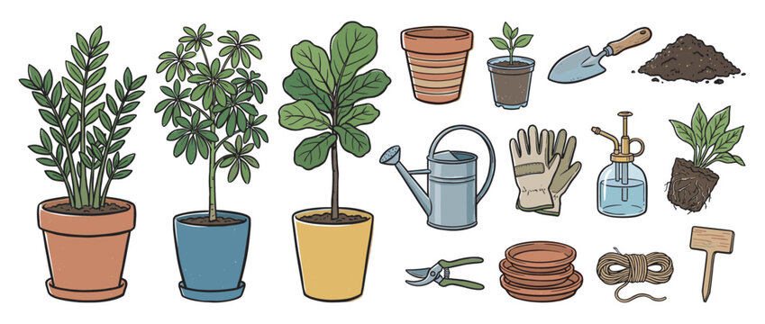 Collection of hand-drawn home gardening tools and houseplants including a watering can, trowel, gloves, soil, and various potted plants in a charming doodle illustration style