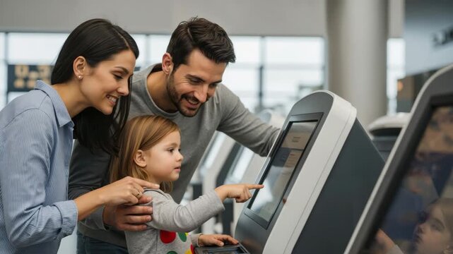 Family using a self-service kiosk at an airport terminal. Parents teaching young daughter how to interact with a touchscreen. Digital literacy and travel concept