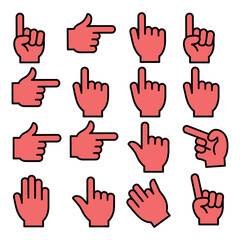 Obraz premium A collection of red cartoon hands pointing in different directions on a white background