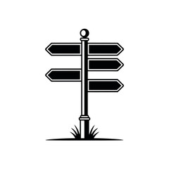 A black and white illustration of a signpost with multiple blank directional signs