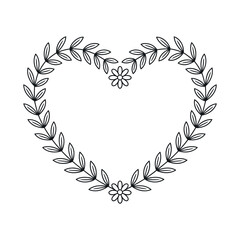 A delicate heart-shaped wreath made of leaves and flowers on a white background
