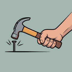 A hand holding a hammer and driving a nail into a surface