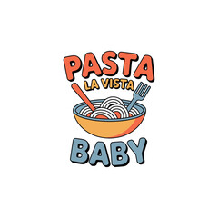 A playful logo for a pasta restaurant or food brand with a cartoon bowl of noodles and colorful text