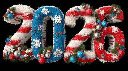 Bright and colorful illustration of the year 2026, adorned with festive decorations, snowflakes, and ribbons, ideal for New Year and holiday-themed visuals.