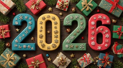 Bright and colorful illustration of the year 2026, adorned with festive decorations, snowflakes, and ribbons, ideal for New Year and holiday-themed visuals.