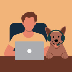 A man and his dog sitting at a desk with a laptop wearing a headset
