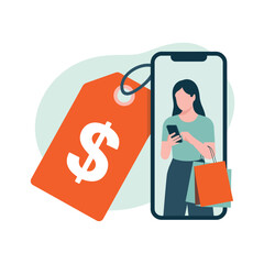 A woman shopping online with her smartphone and an orange price tag