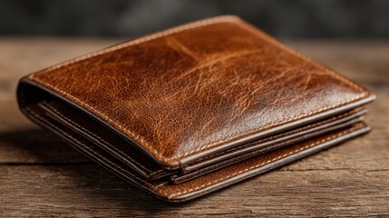 Brown leather wallet presented in a professional product shoot, showcasing its rich texture, stitching details, and elegant design.