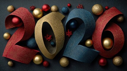 Colorful curved paper ribbons surrounding the year 2026, adorned with festive decorations against a dark background, creating a lively and celebratory visual.