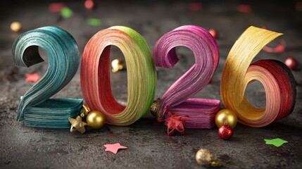 Colorful curved paper ribbons surrounding the year 2026, adorned with festive decorations against a dark background, creating a lively and celebratory visual.
