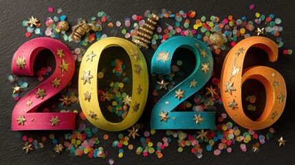 Colorful curved paper ribbons surrounding the year 2026, adorned with festive decorations against a dark background, creating a lively and celebratory visual.