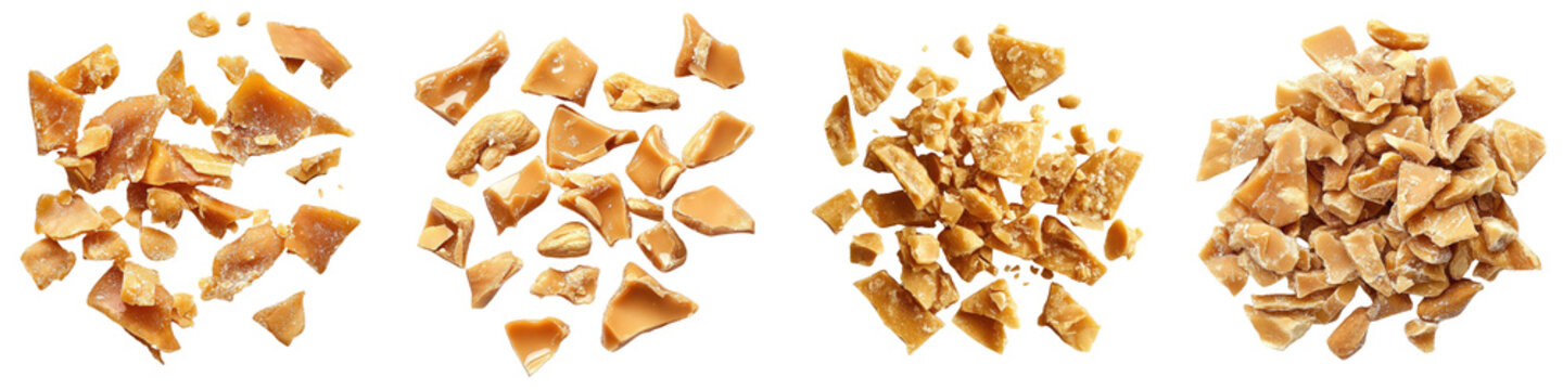 Peanut brittle shards &ndash; Small pieces of broken peanut brittle perfect for snacking. Isolated on Clear White Background Highly Detailed