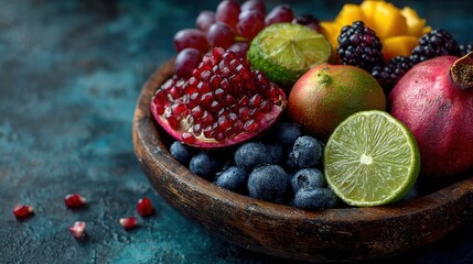 Fresh assortment of mixed fruits arranged in a rustic wooden bowl, highlighting vibrant colors and natural textures.