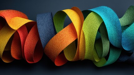 Interwoven colorful paper ribbons arranged against a dark background, creating a vibrant and dynamic visual contrast.