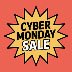 A vibrant Cyber Monday sale advertisement with a bold yellow starburst on a red background