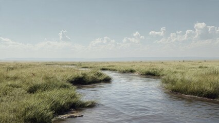 Serene River Flowing Through Grassy Plains