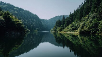 Serene lake amidst forested mountains